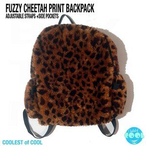 Cute fuzzy faux fur animal print backpack full size adjustable straps 2 pockets